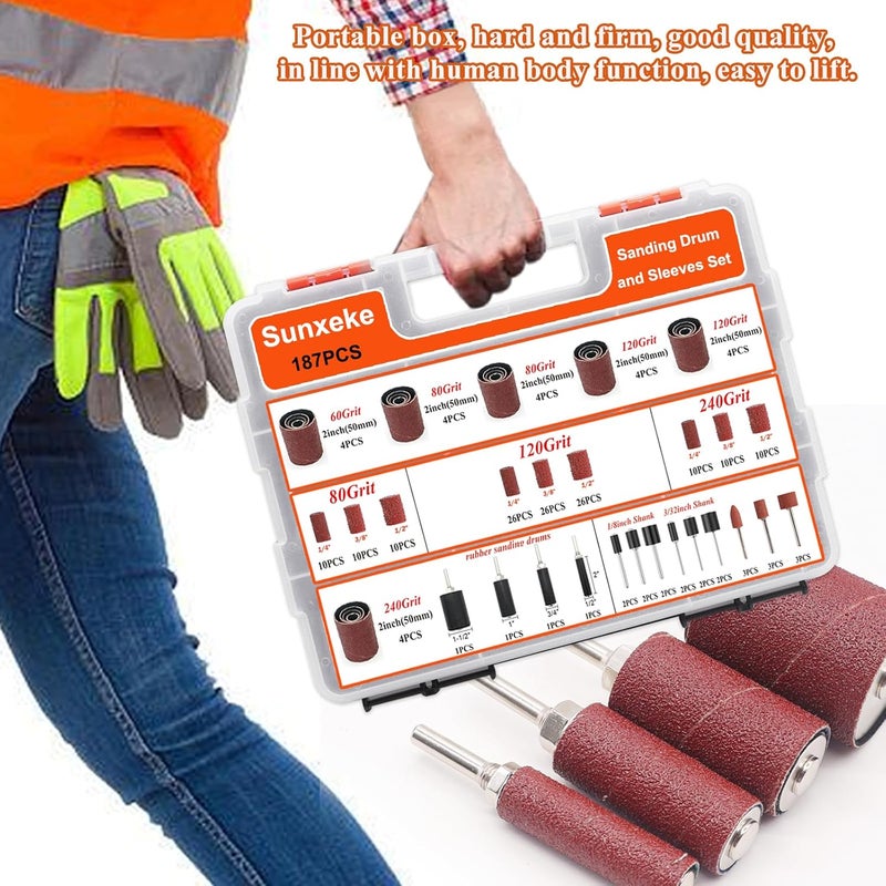 Sunxeke 187-Piece Sanding Drum Kit for Drill & Drill Press – Includes 2inch Spindle Sander Sleeves (60/80/120/240 Grit), 4 Rubber Sanding Drums, 1/4-Inch Shank,Versatile Sander Accessory with Box - Image 5